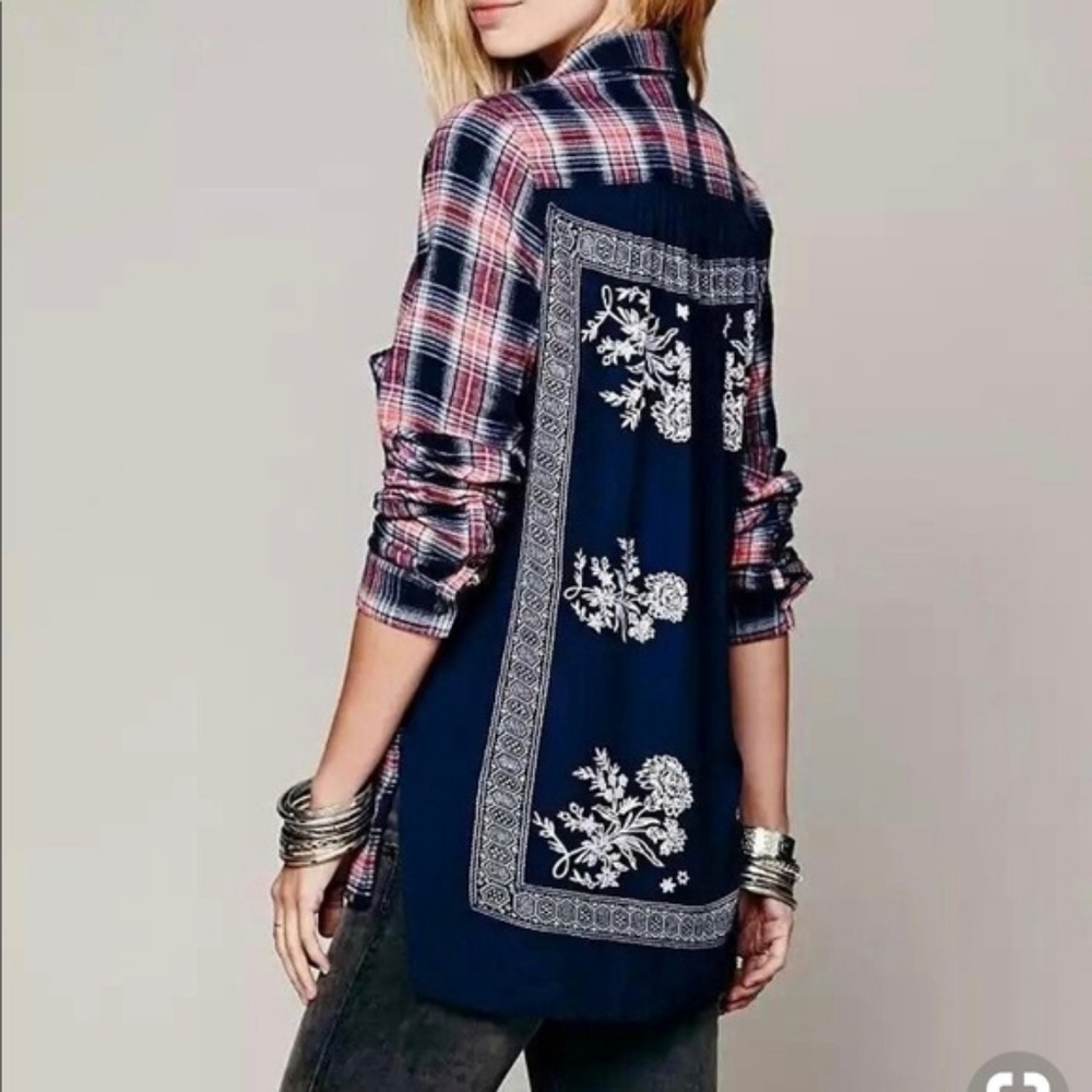 Free People Plaid Button Down Shirt - Red and Blue